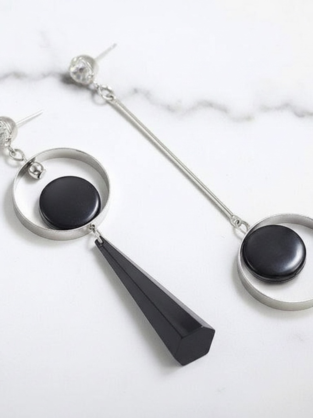 Womens Silver Asymmetric Earrings‎ with Black Accent
